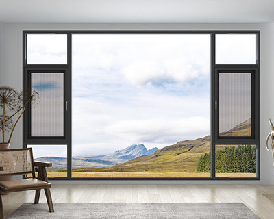 110极窄断桥窗纱一体(外开斜边压线护栏开启)